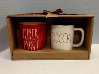 Rae Dunn Htf Rare Christmas Set Ll Red Peppermint Canister Wood Lid Cocoa Mug