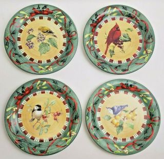 Set Of 4 Lenox Winter Greetings Everyday Christmas Dinner Plates; Birds Cardinal