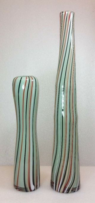 Vintage Tony Evans Design Cased Art Glass Vase Pair Ribbon Candy Mid Century