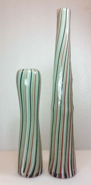 Vintage Tony Evans Design Cased Art Glass Vase Pair Ribbon Candy Mid Century 2