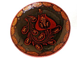 Vintage Ned Foltz Redware Pottery Plate Bowl Tulip Slip Glaze Signed Folk Art