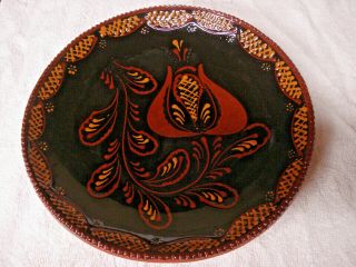 Vintage Ned Foltz Redware Pottery Plate Bowl Tulip Slip Glaze Signed Folk Art 3