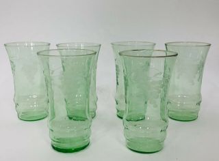6 Vintage Green Depression Glass Optic Etched Grape Vine Tumblers Set