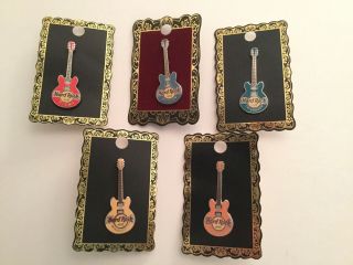 Hard Rock Cafe 5 Guitar Pins: Cancun,  Miami,  Edinburgh,  Houston,  Minneapolis.