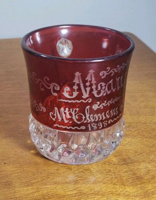 Ruby Red Flash Glass Souvenir Cup With Handle Mary Mt.  Clemens 1898 Rare