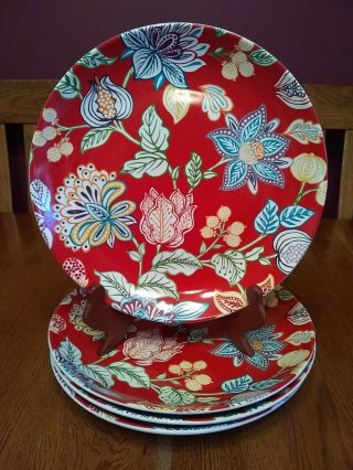 Four 222 Fifth Koson Red Floral Dinner Plates