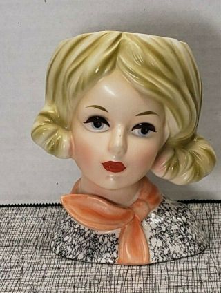 Vintage Relpo Lady Head Vase Blond Hair Blue Eye Neck Scarf