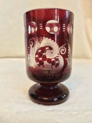 Vintage EGERMANN RUBY RED Bohemian Czech Art Glass CANDLE VOTIVE VASE SHOTGLASS 3