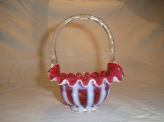 Fenton Glass Basket 6 - 1/2 " Cranberry " Jacquelin " Pattern Ribbed Optic