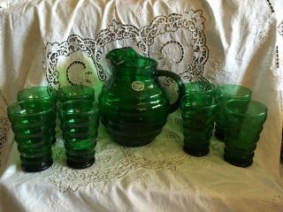 Vtg Anchor Hocking W/label Forest Green Ribbed Beehive Pitcher & 8 Glasses