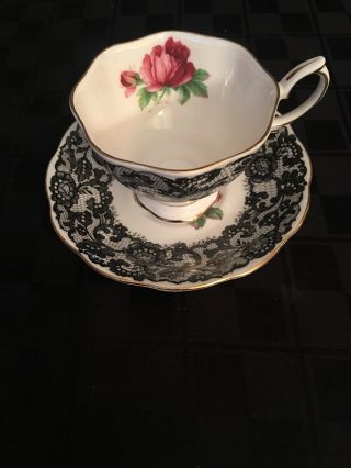 Royal Albert England Senorita China Tea Cup & Saucer Black Lace Pink Rose Beauty