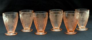 Set Of 6 Jeanette Pink Cherry Blossom 4 - 1/2 " Footed Tumblers Depression Glass