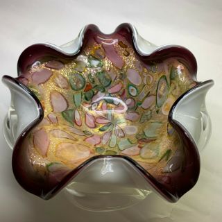 Stunning Triple Cased Millefiori Art Glass Bowl Gold Aventurine Barbini Murano