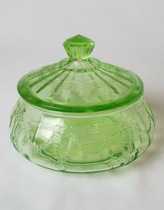 Hocking Glass Co Cameo Ballerina Uranium Green Candy Jar With Lid