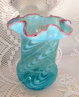 Northwood Antiquetwist Blue Opalescent Celery Vase Cranberry Frit Crest Glass