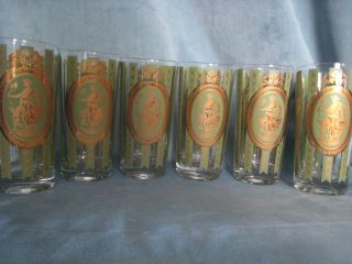 Vintage Cora Roman Lady Green & 22kt Gold High Ball Glasses Set Of 6
