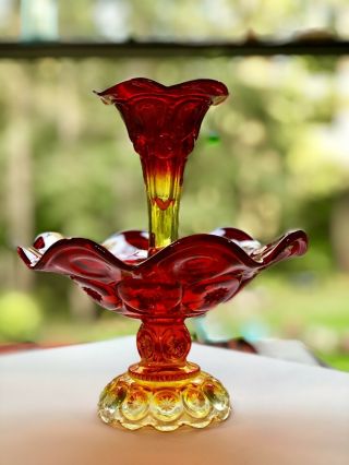 Moon And Star L.  E.  Smith Vintage Rare Red Orange Yellow Epergne 9 In Tall
