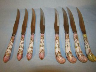 8 Old Dresden Porcelain Steak Knives - Stainless Sheffield Blade