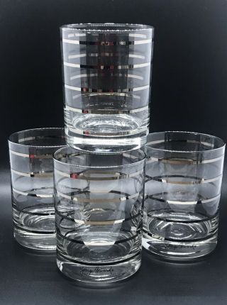 Mid Century Georges Briard Platinum Stripe Double Old Fashioned Glasses Set Of 4