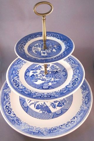 Royal China Blue Willow Ware 3 Tier Tidbit Serving Tray - Vintage 2