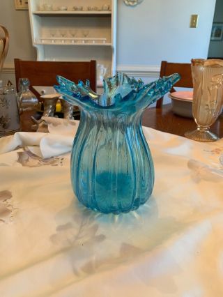 Vtg Aqua Stem Flower Crystal Hand Blown Glass Lily Trumpet Vase Epergne Exc Larg