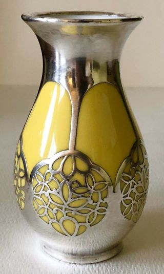 Antique Thomas Bavaria Porcelain Art Deco Mini Sterling Overlay Yellow Vase