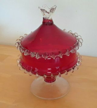 Vintage Murano Art Glass Ruby Red And Clear Glass Compote Candy Dish