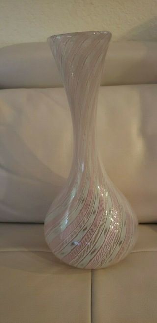 Vintage Pink White 22 Kt Gold Hand Blown Art Glass Venetian Murano Tall Vase