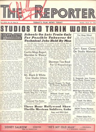 1942 Hollywood Reporter " Studios To Train Women " Issue