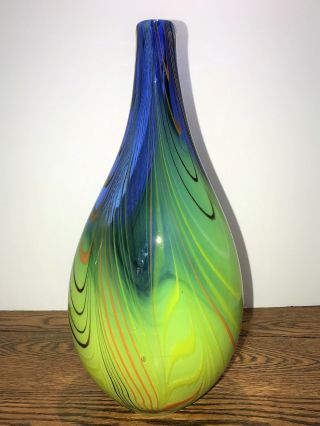 Gorgeous Vintage 14 " Hand Blown Encased Art Glass Vase Multi Color Modern Design