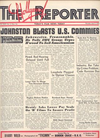 1947 Rare Hollywood Reporter " Johnston Blasts U.  S.  Commies " 