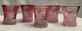 5 Vintage Mary Gregory Hand Painted Glasses Pink Cranberry Girl Riding Bicycle
