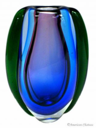 Tall Hand Blown Glass Vase Blue Som Merso Fused Art Sculpture