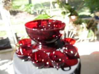 Vintage Anchor Hocking Royal Ruby Red Glass Punch Bowl Set Base And 12 Cups