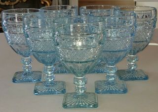 Imperial Glass " Tradition Pattern " Lt.  Blue Square Footed Water Goblets Set Of 8
