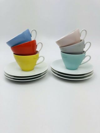 Schirnding Bavaria Porcelain Mid Century Tea Cups Saucers Set Vintage Rainbow