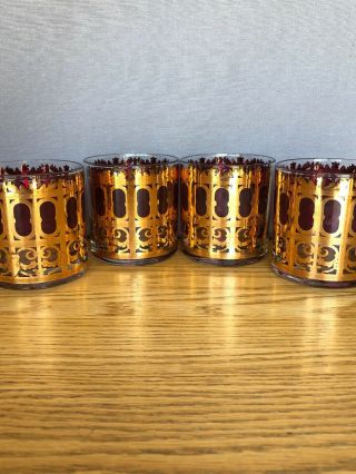 Culver Cranberry Gold Scroll Cocktail Glass Lowball Red Mcm Vtg Set Of 4 - Rare