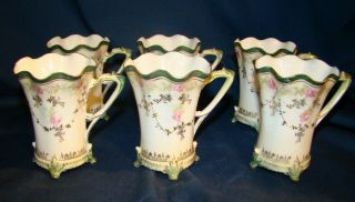 R.  S.  Prussia Mold 704 6 Chocolate Cups W/ Roses & Gold
