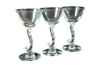 Set Of 3 Vintage Heisey Glass Rooster Stem Wine Cocktail Glasses
