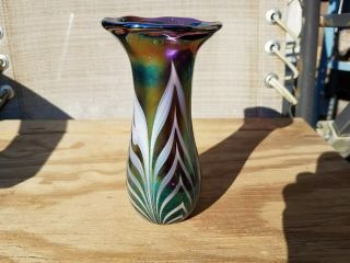Crider Carnival Iridescent Glass Pulled Feather Vase Signed