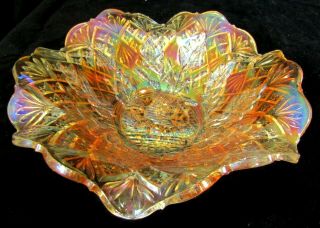 Millersburg Nesting Swan Marigold Carnival Glass 9.  5 " Ruffled Bowl,  Diamond Fan