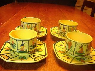 4 Vintage Hb Quimper Hand Painted Soleil Yellow Cups & Saucers 10