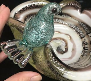 Vintage Italian Murano Art Glass Silver Fleck Bird On Nest Dish Small Bowl Italy