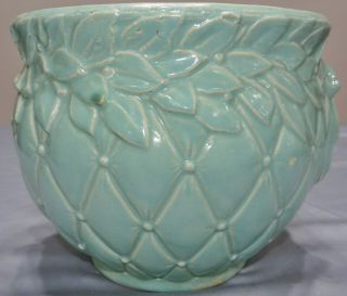 Mccoy Pottery Jardiniere Diamond Quilt Leaf Aqua Blue/green Pot 10 " Vtg Antique
