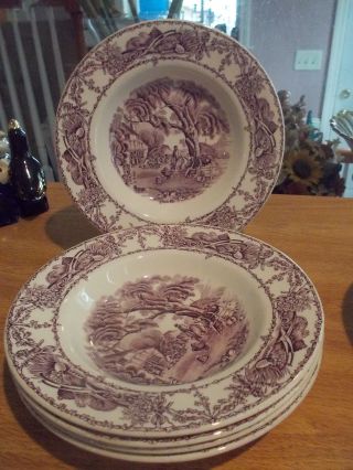 6 Pastoral Davenport Amethyst 8 " Rimmed Soup Bowls By Wilkinson