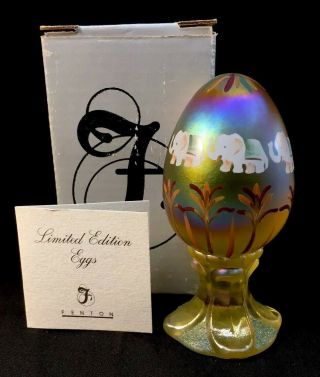 Fenton Hand Painted Elephants On Gold Carnival Egg Limited To 3000