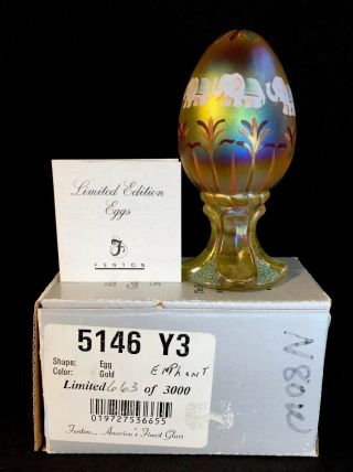 Fenton Hand Painted Elephants On Gold Carnival Egg Limited To 3000 2