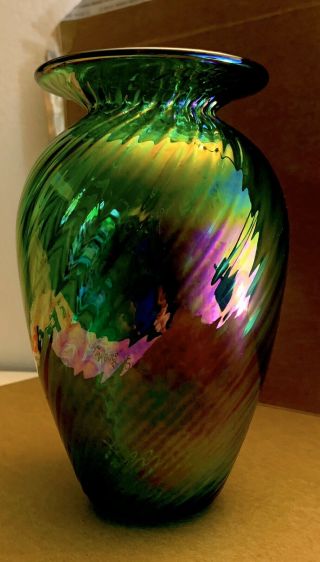 Studio Art Glass Green Swirl Iridescent 6 " Wide Rim Vase