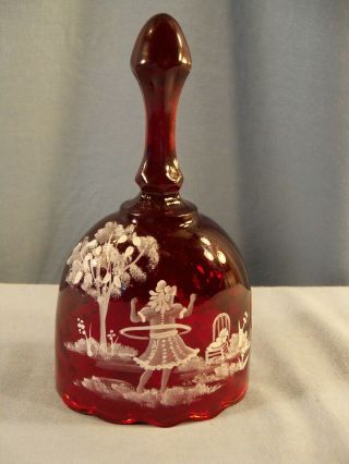 Fenton Ruby Red Glass Hand Painted Bell Mary Gregory Design - Girl W/ Hula Hoop