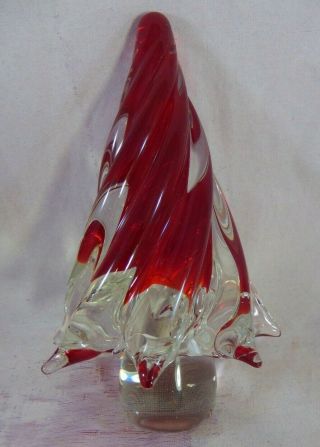 Vintage Red Hand Blown Twisted Art Glass Murano Style Christmas Tree 6 " High